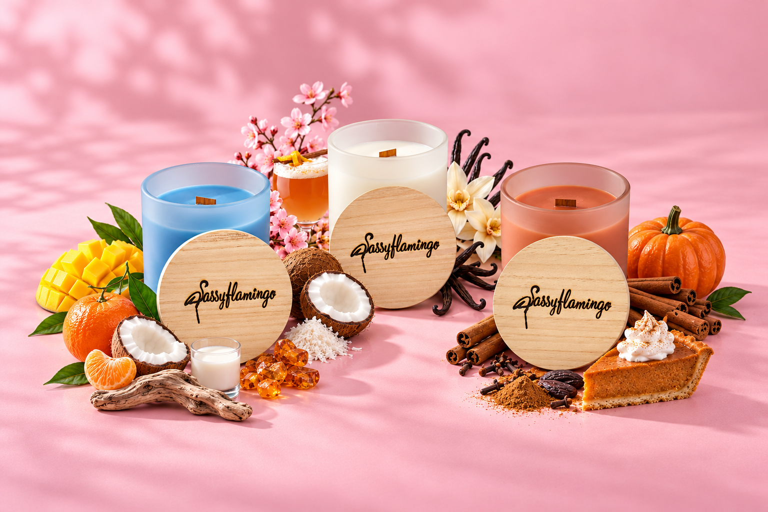 Three Sassy Flamingo candles with their matching scent imagery.
